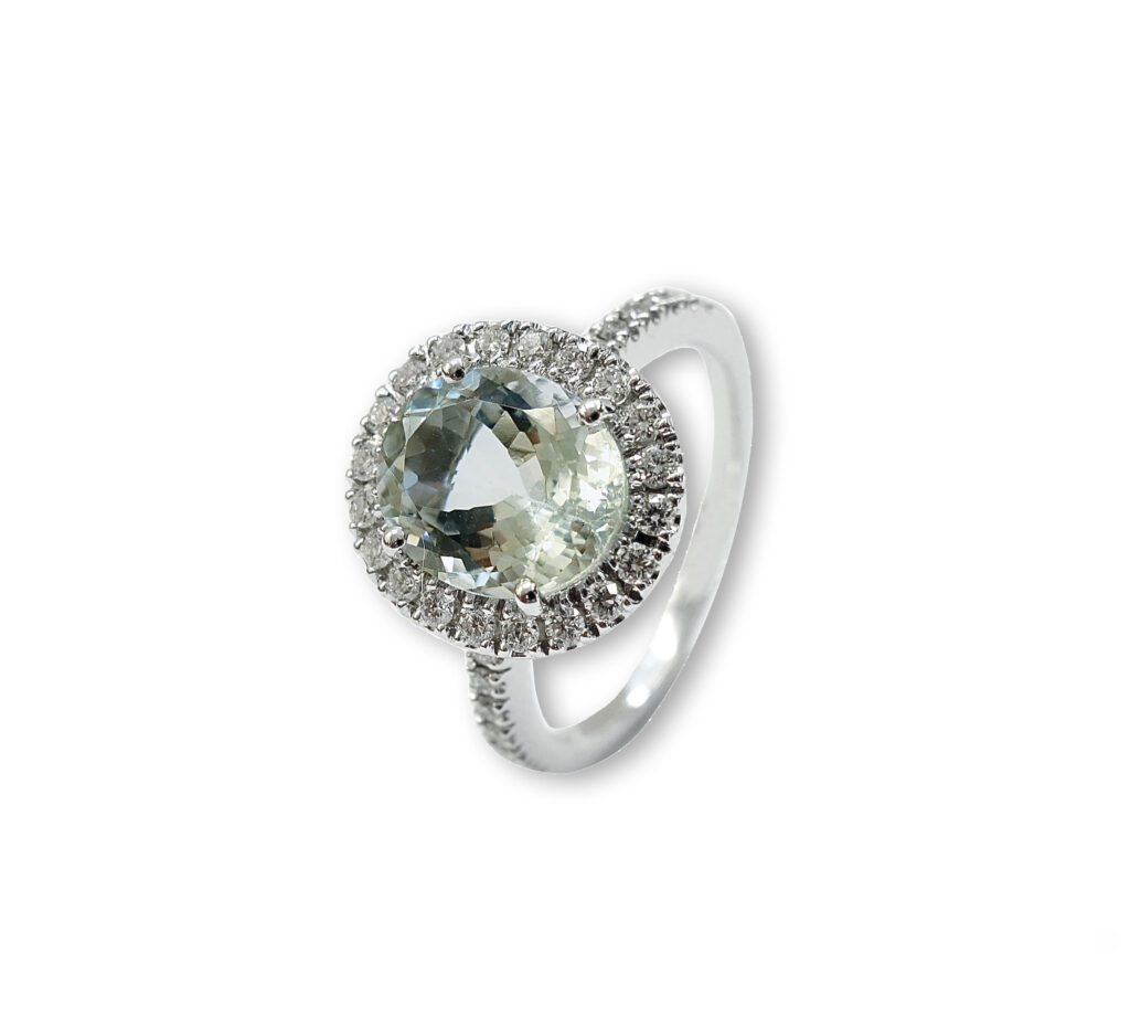 White golden ring with aquamarine and diamonds