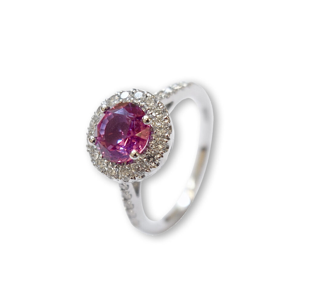 White golden ring with pink sapphire and diamonds