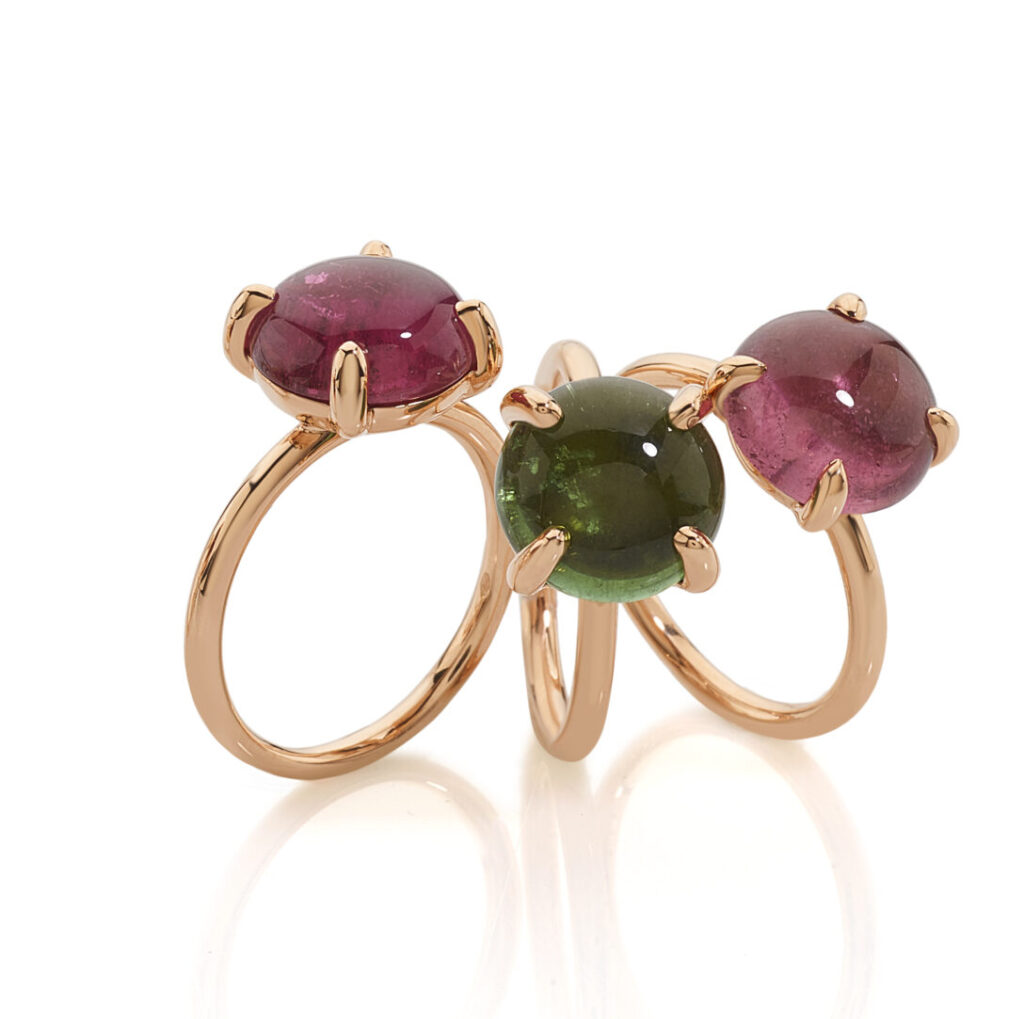 Rosé- and yellow golden rings with tourmaline