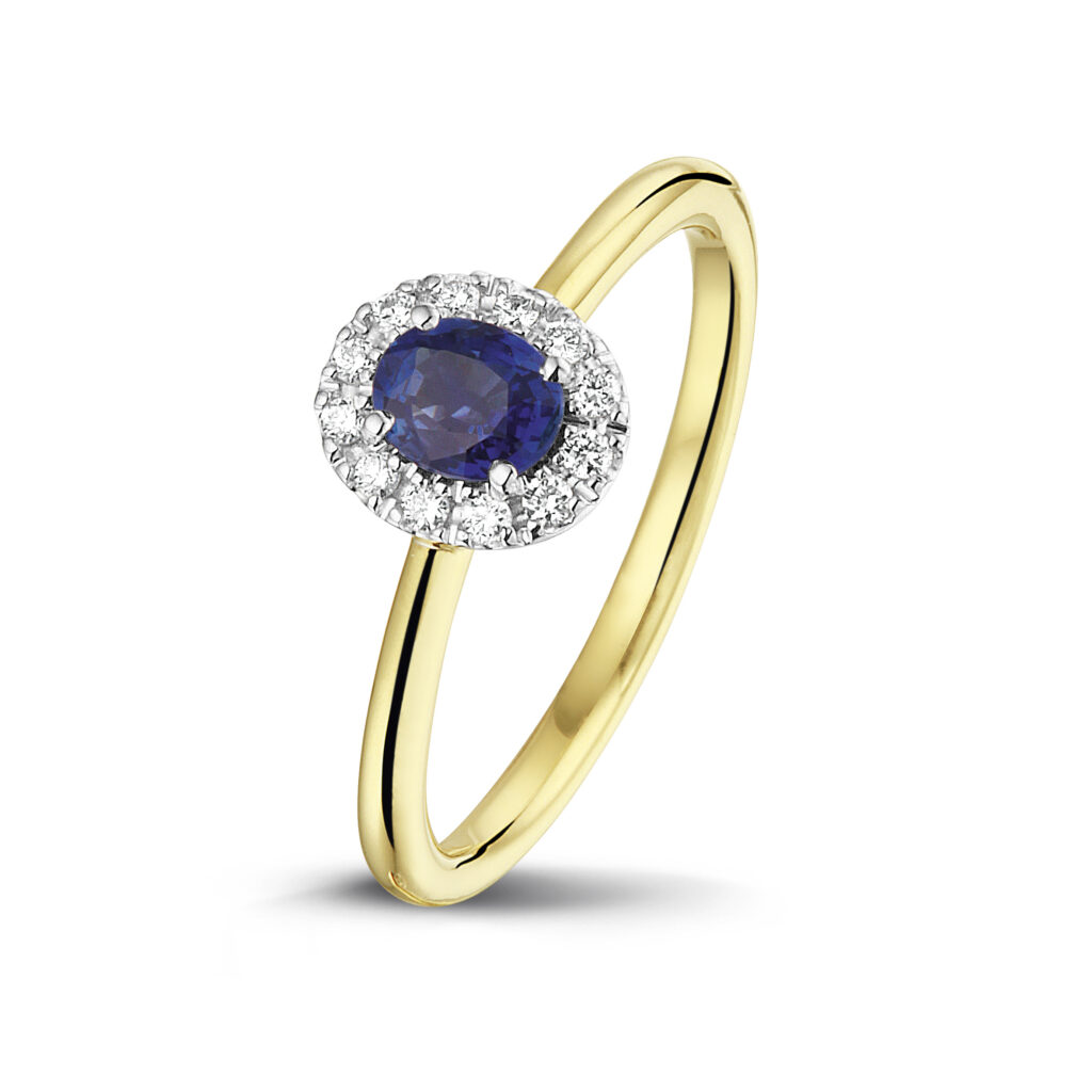Yellow golden ring with blue sapphire and diamonds