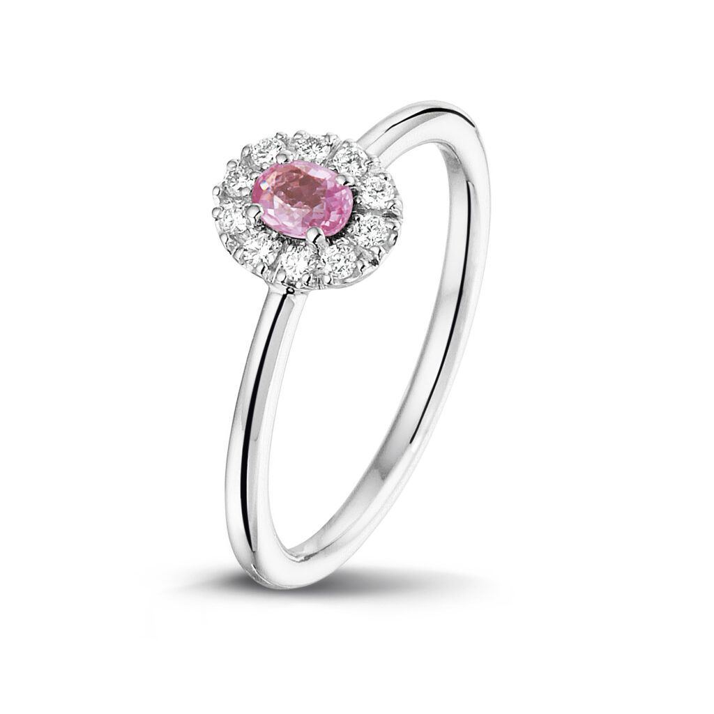 White golden ring with diamonds and pink sapphire
