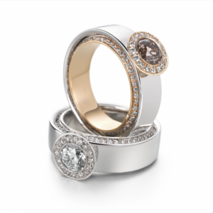 White golden ring with champagne diamond and white diamonds