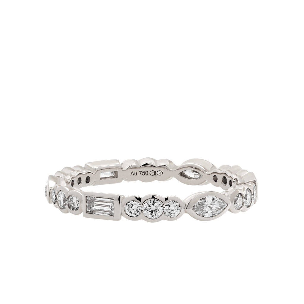 White golden ring with diamonds in different cuts