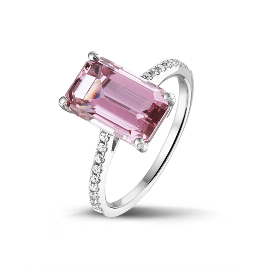 White golden ring with diamonds and pink tourmaline