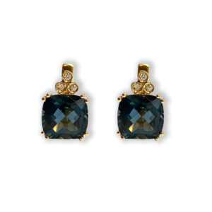 Yellow golden earstuds with London Blue topaz and diamonds