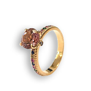 Rosé golden ring with rainbow gemstones and pink tourmaline