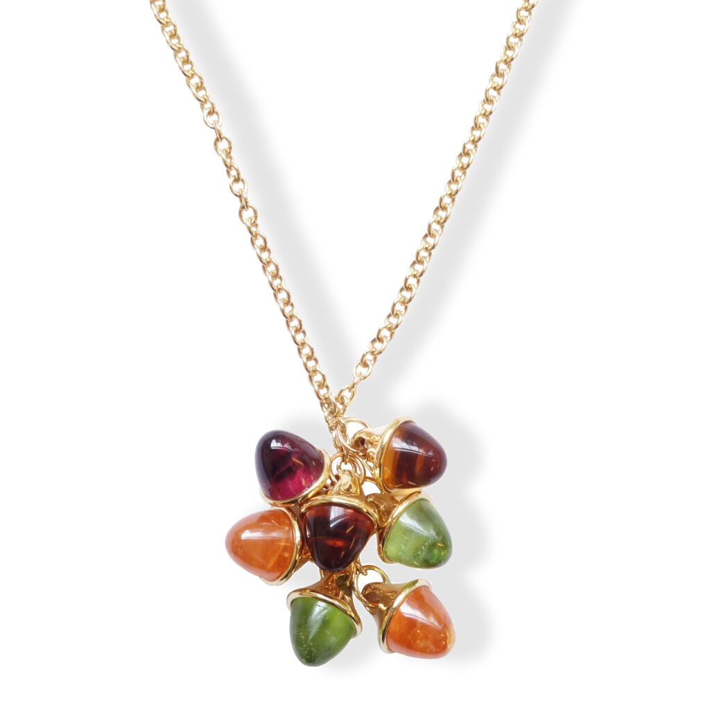 Yellow golden necklace with peridot, grenade and citrine