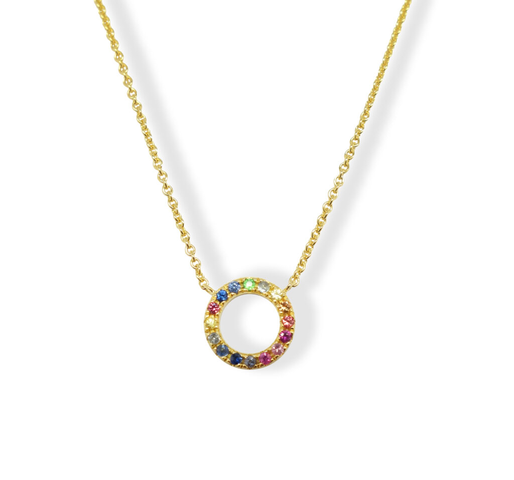 Yellow golden necklace with rainbow gemstones