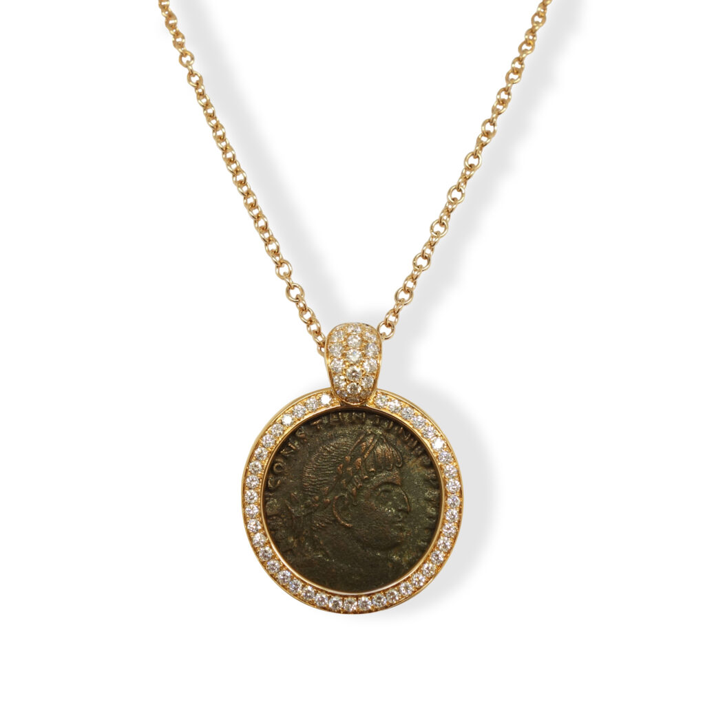Rosé golden necklace with Roman coin and diamonds