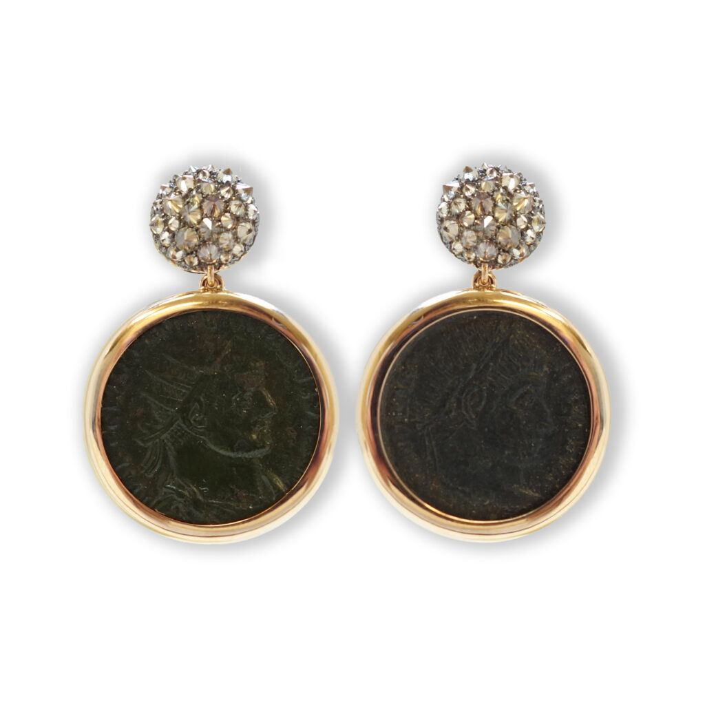 Rosé golden earrings with Roman coin and diamonds