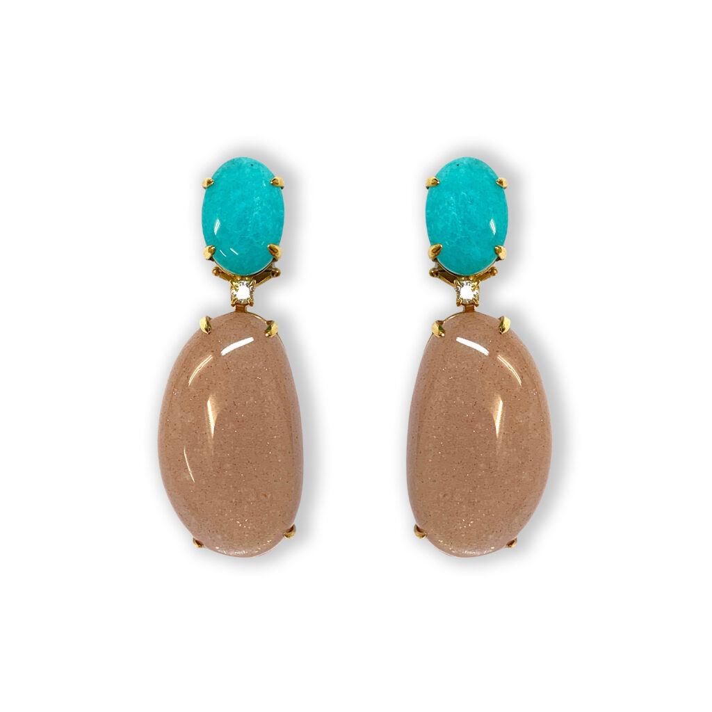 Rosé golden earrings with moonstone, diamonds and amazonite