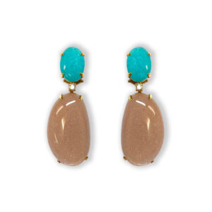 Rosé golden earrings with moonstone, diamonds and amazonite