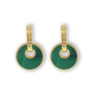 Yellow golden earrings with malachite and diamonds