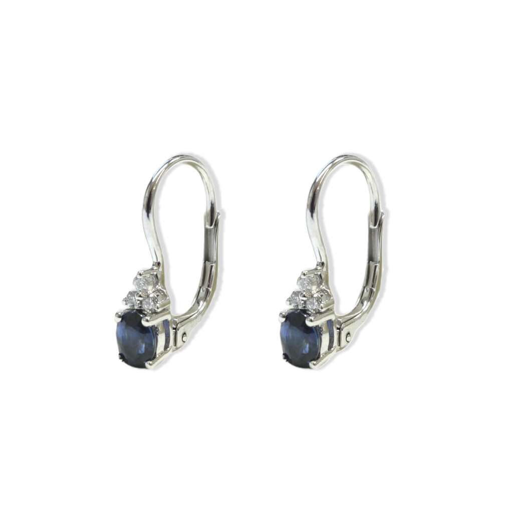 White golden earrings with blue sapphires and diamonds