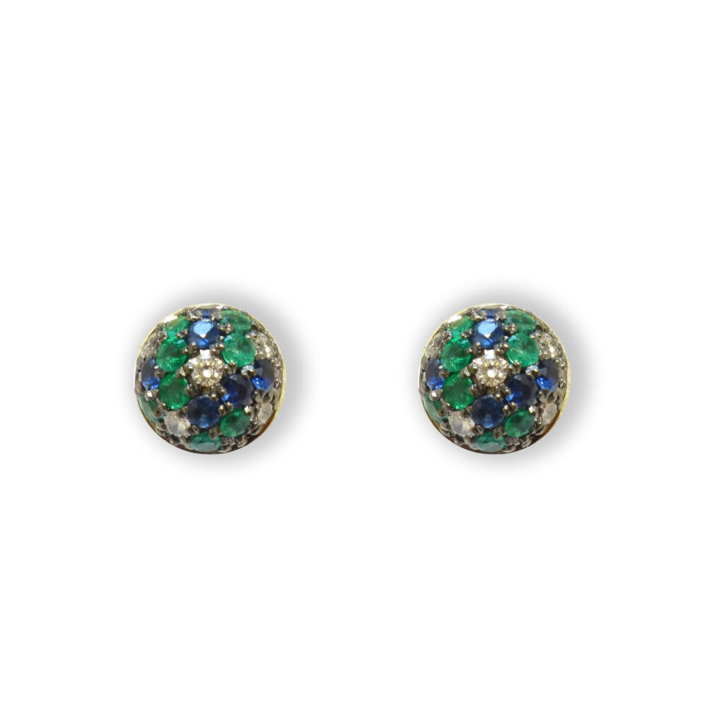 White golden earstuds with tsavorite, blue sapphire and diamonds
