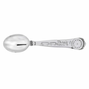 Silver spoon with train and clock