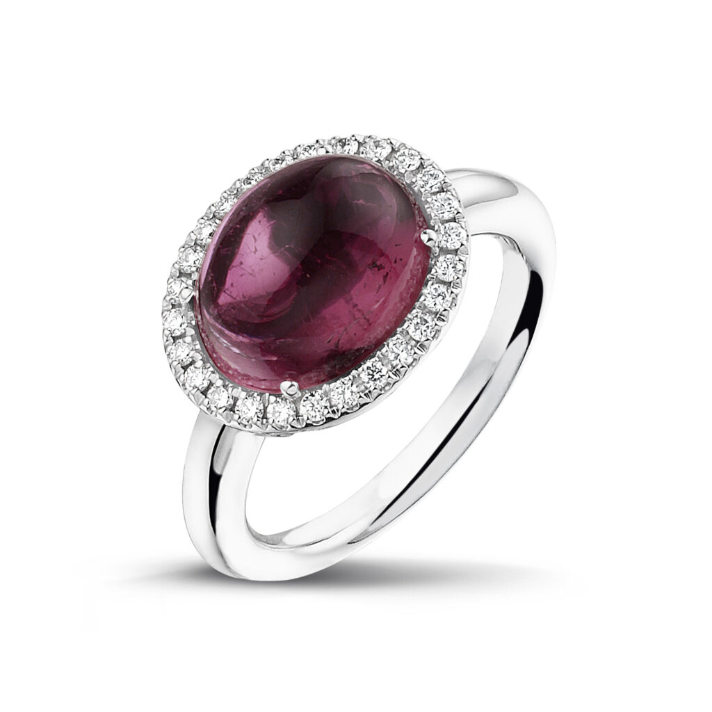 White golden ring with tourmaline and diamonds